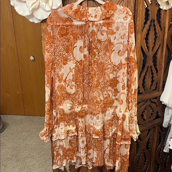 Anthropologie Burnt Orange and Cream Bohemian Tiered Long-Sleeve Dress - Picture 5 of 8